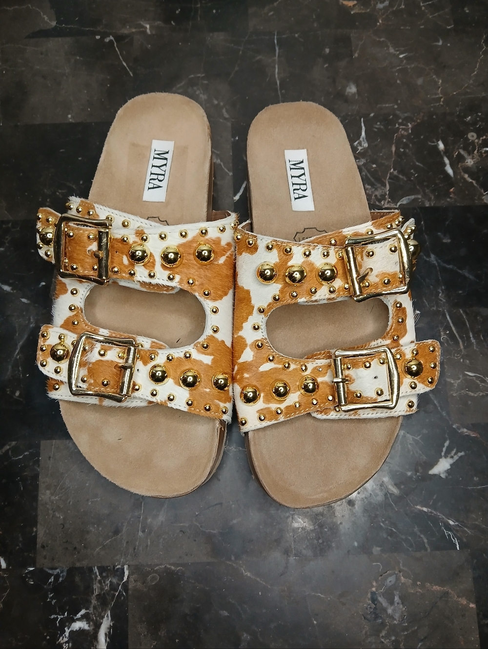 MYRA Studded Cowhide Double-Buckle Slide Sandals — Tan & White